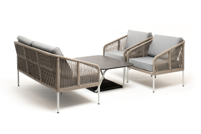 "Канны" лаунж-зона 4-местная из роупа со столом "Глория" (серый гранит), каркас алюминиевый светло-серый, роуп салатовый меланж