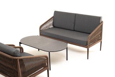 "Канны" лаунж-зона 4-местная из роупа со столом "Верона" (серый гранит), каркас алюминиевый коричневый, роуп коричневый