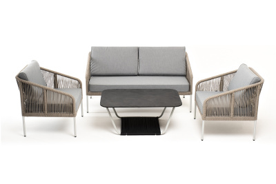 "Канны" лаунж-зона 4-местная из роупа со столом "Глория" (серый гранит), каркас алюминиевый светло-серый, роуп салатовый меланж